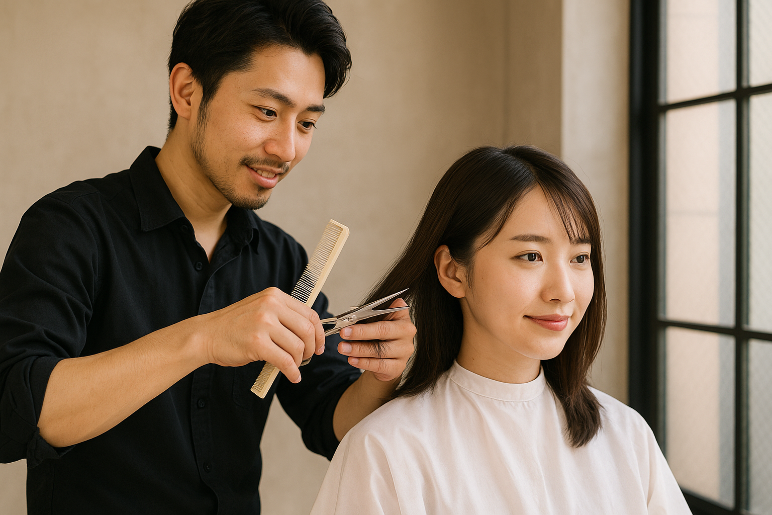 美容師がお客様の髪をカットしている様子